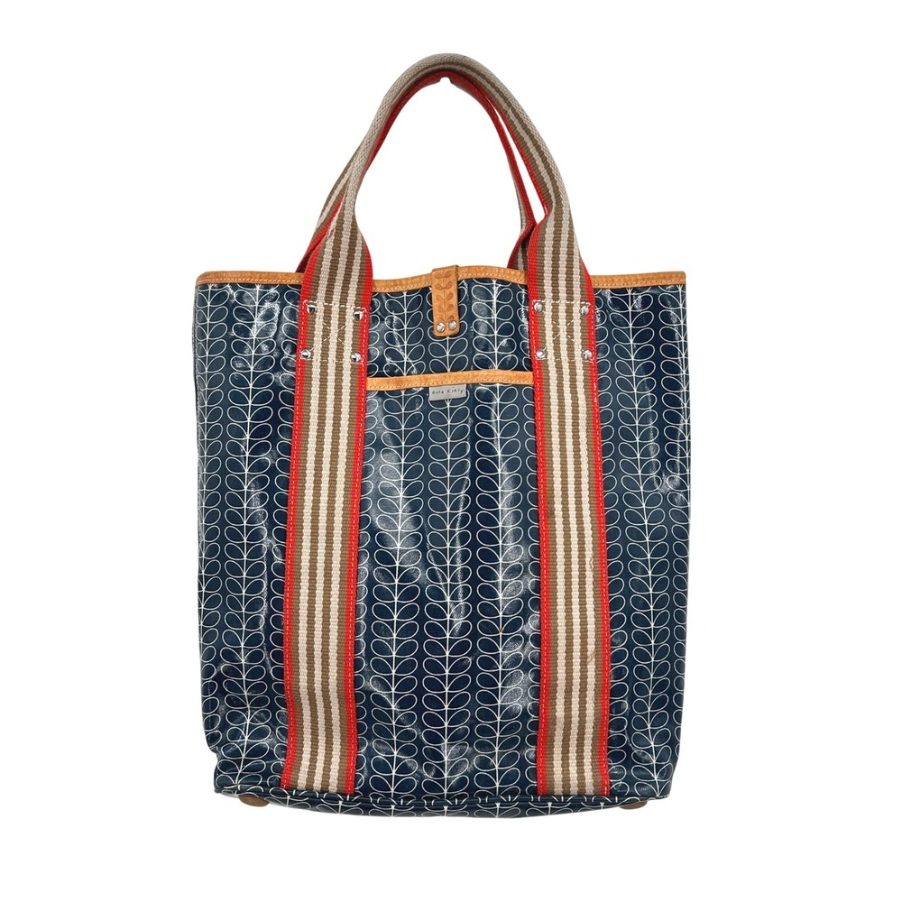 Orla Kiely Stem Print Laminated Canvas Tote Bag Navy Red Striped Leather Trim